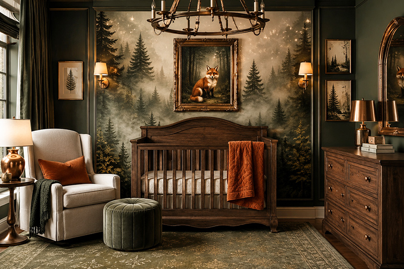 Fox woodland nursery ideas with natural forest room decor, warm wood accents, and whimsical fox details