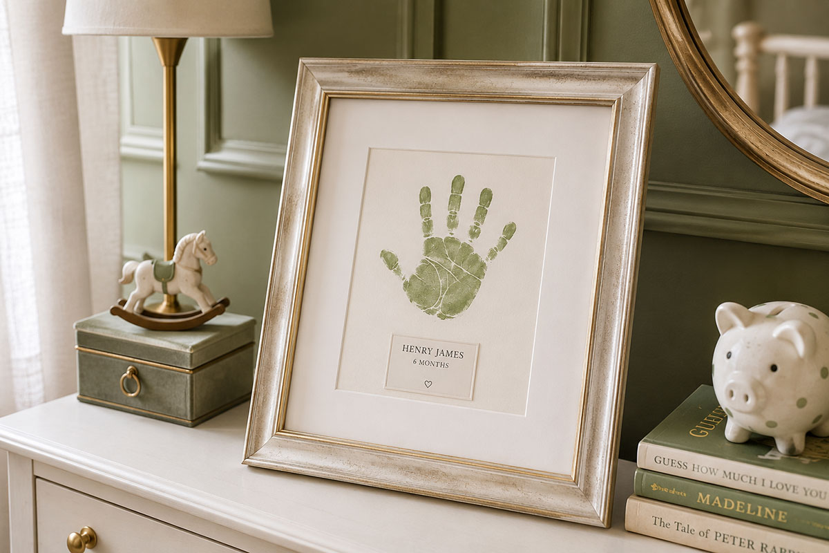 Framed baby handprint art with a small name and date displayed above a nursery dresser
