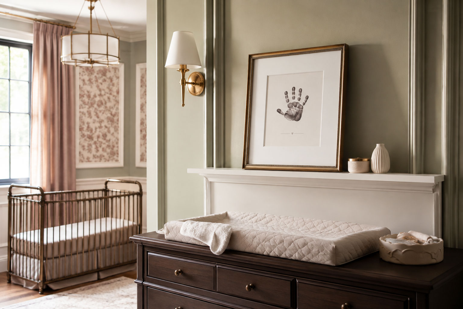 Framed baby handprint keepsake displayed above a dark wood changing dresser in a sage green nursery