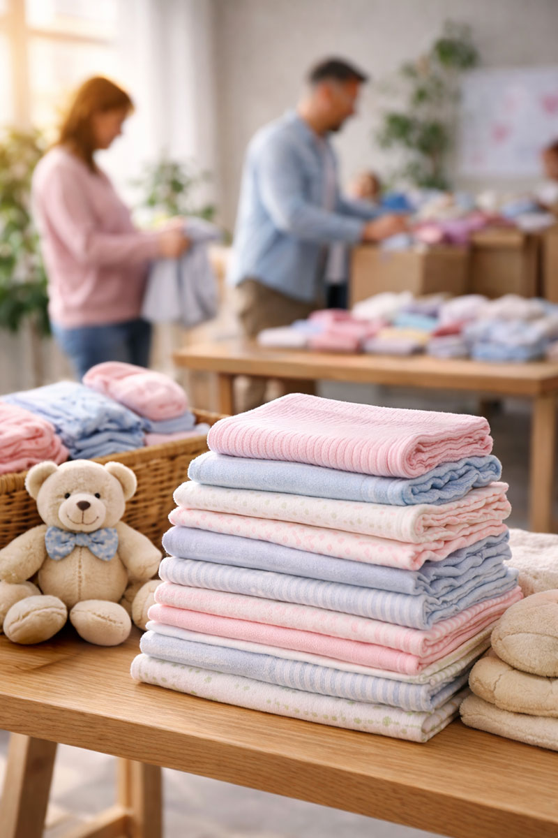 Folded baby clothes available through community clothing support programs