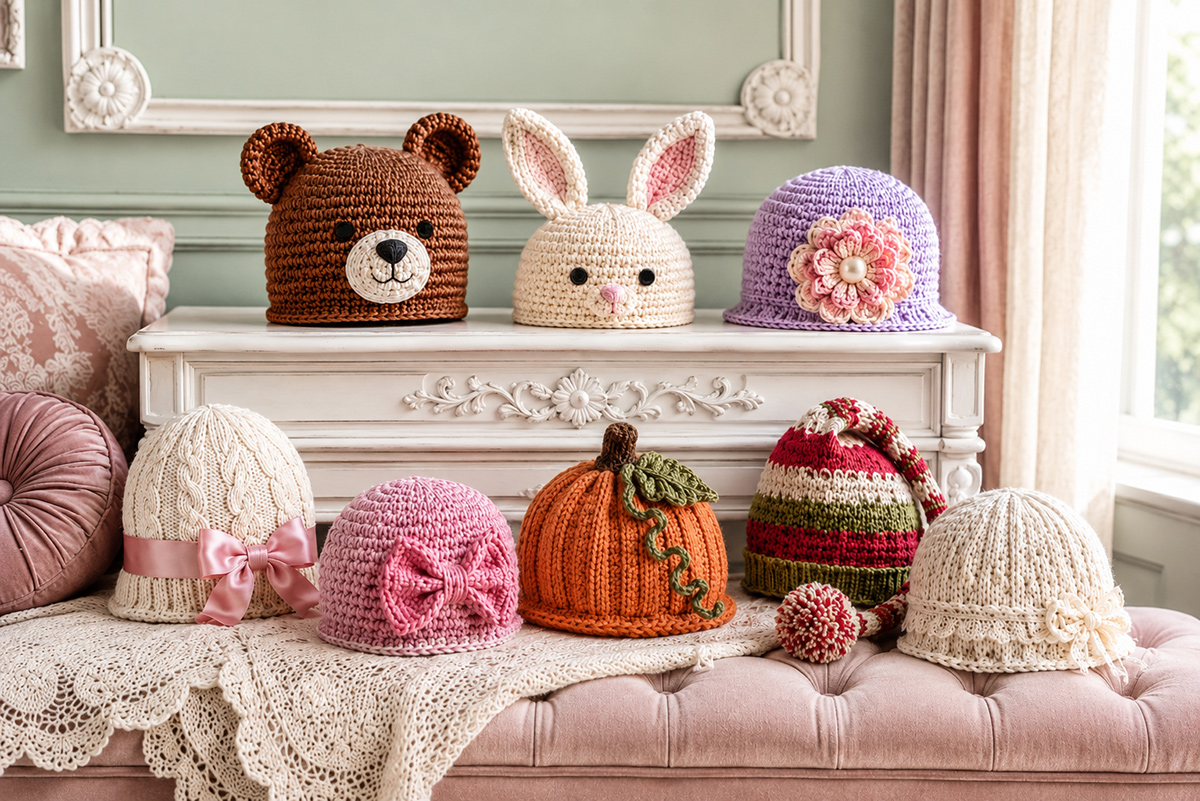 Collection of handmade baby hats showing crochet and knit animal, flower, bow and seasonal hat styles