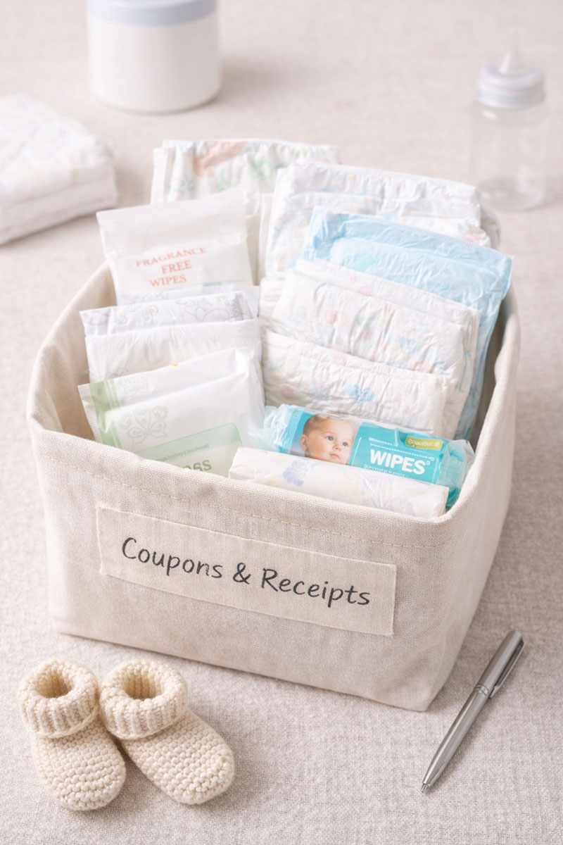 Small bin with diaper and wipe samples organized for trying free baby items