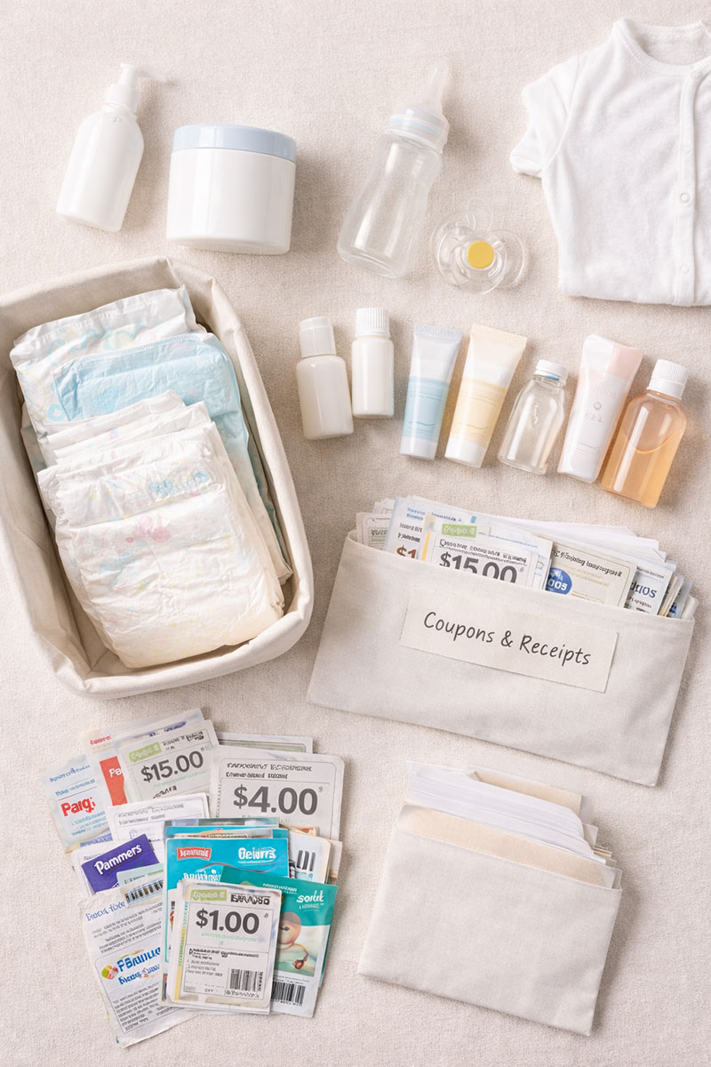 Flat lay of baby product samples and coupons organized for trying freebies