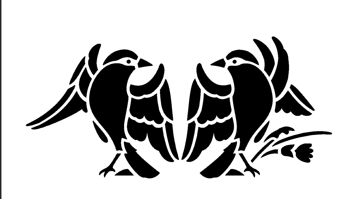 Printable free bird stencil with two facing birds and instructions to cut out the black areas