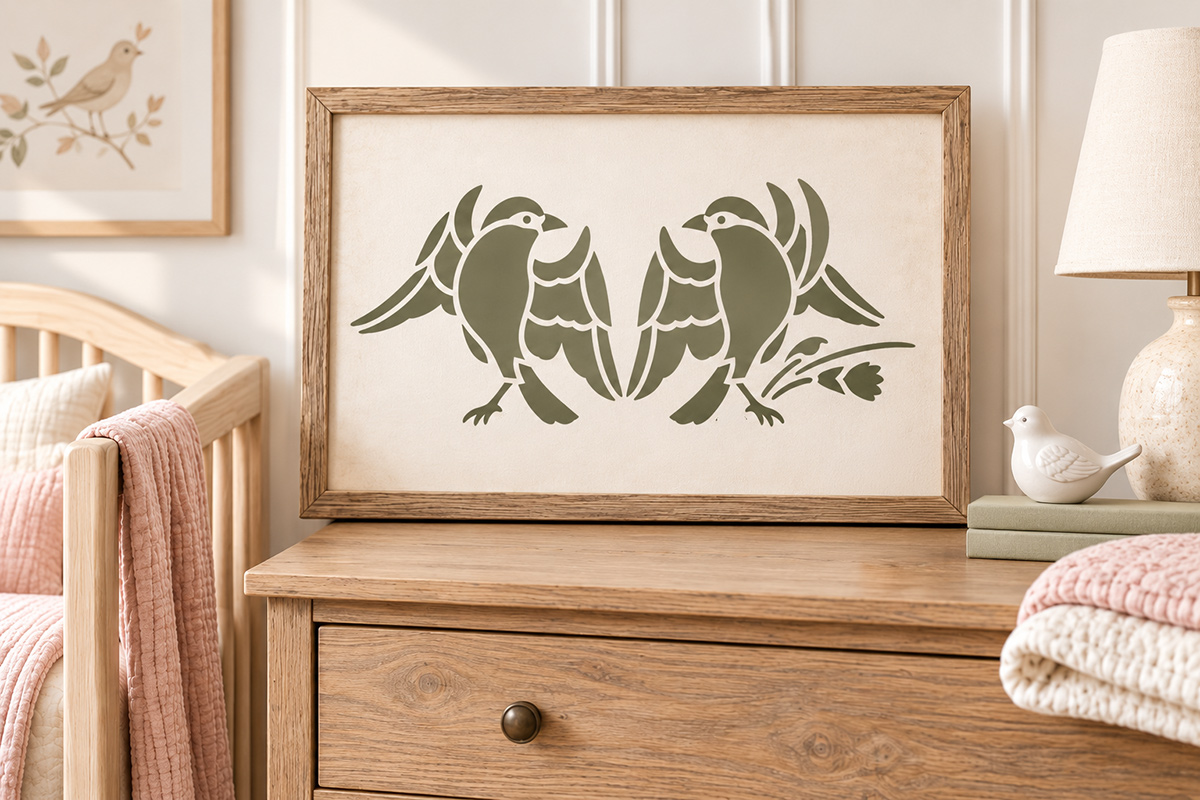 Paired bird stencil painted in sage green on a framed nursery sign