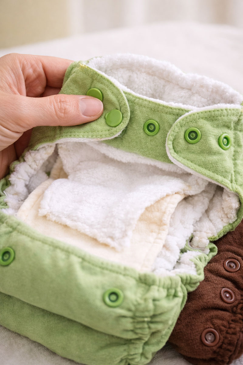 Reusable cloth diaper sample showing adjustable snaps, layered absorbency, and soft fabric materials
