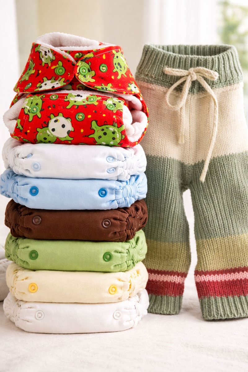Stack of reusable cloth diaper samples with adjustable snaps and wool diaper covers