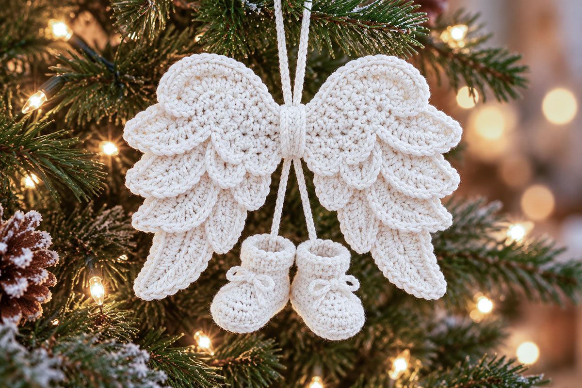 Baby's first Christmas crochet ornament featuring layered ivory angel wings with two miniature ivory crocheted baby booties hanging beneath the center