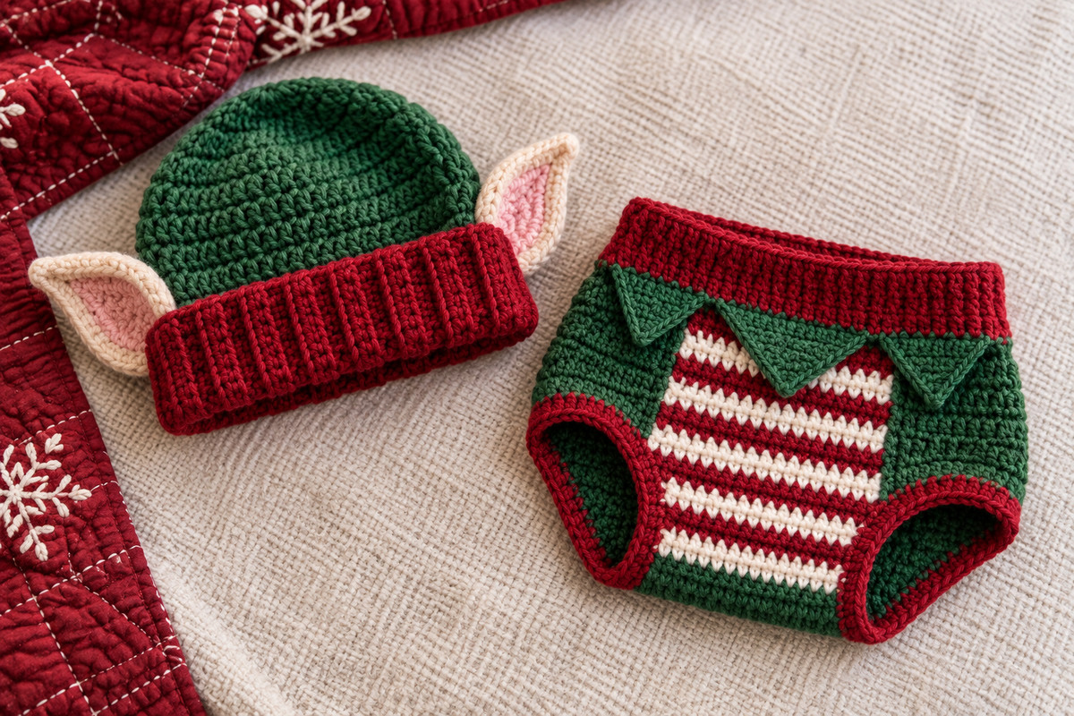 Finished crochet baby elf costume with green beanie folded cranberry ribbed brim pointed pink and ivory elf ears and matching green diaper cover with red and ivory candy stripes and pointed elf-tunic trim