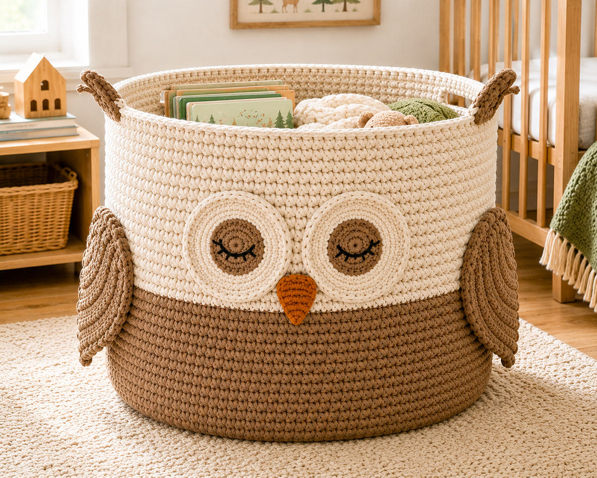 XXL woodland owl version of the reusable round crochet nursery storage basket with raised handles and embroidered details