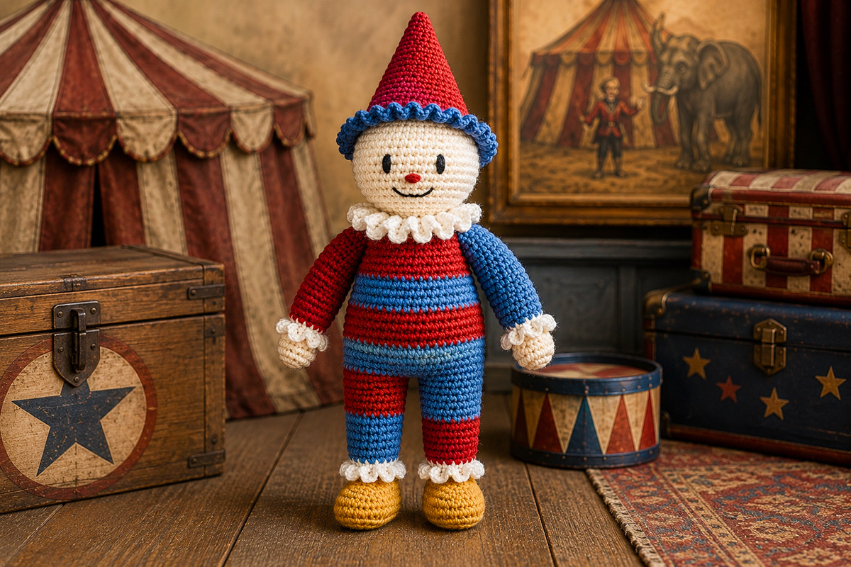 Free crochet clown pattern for a vintage circus doll with pointed hat, ruffled collar and embroidered face