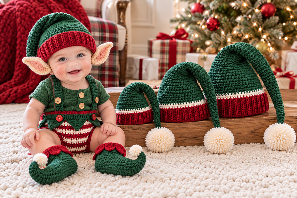 Christmas crochet elf pattern collection showing a baby wearing a green elf beanie with pointed ears and striped diaper cover beside three matching long-tailed elf hats and curly-toed booties