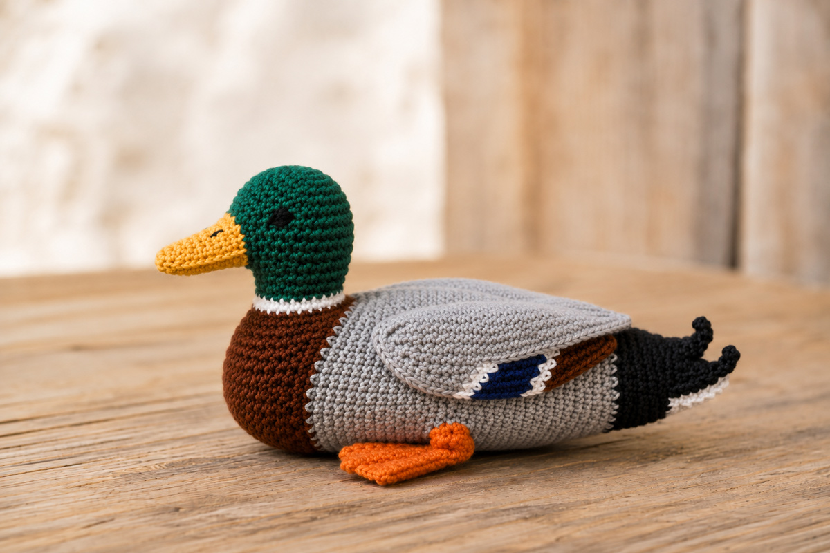Free crochet mallard duck pattern with green head white neck ring brown breast gray body and yellow bill