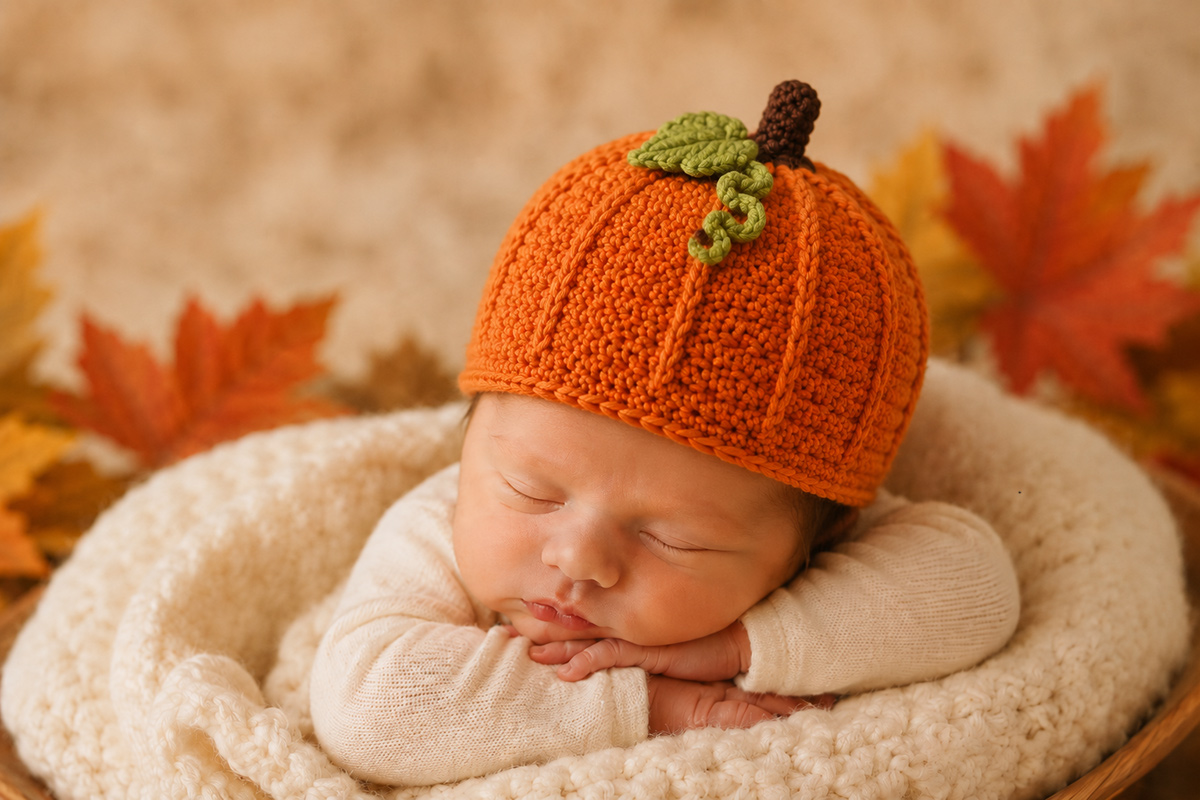 Free crochet pumpkin hat pattern for babies with orange pumpkin ribbing, brown stem, green leaf and curly vine
