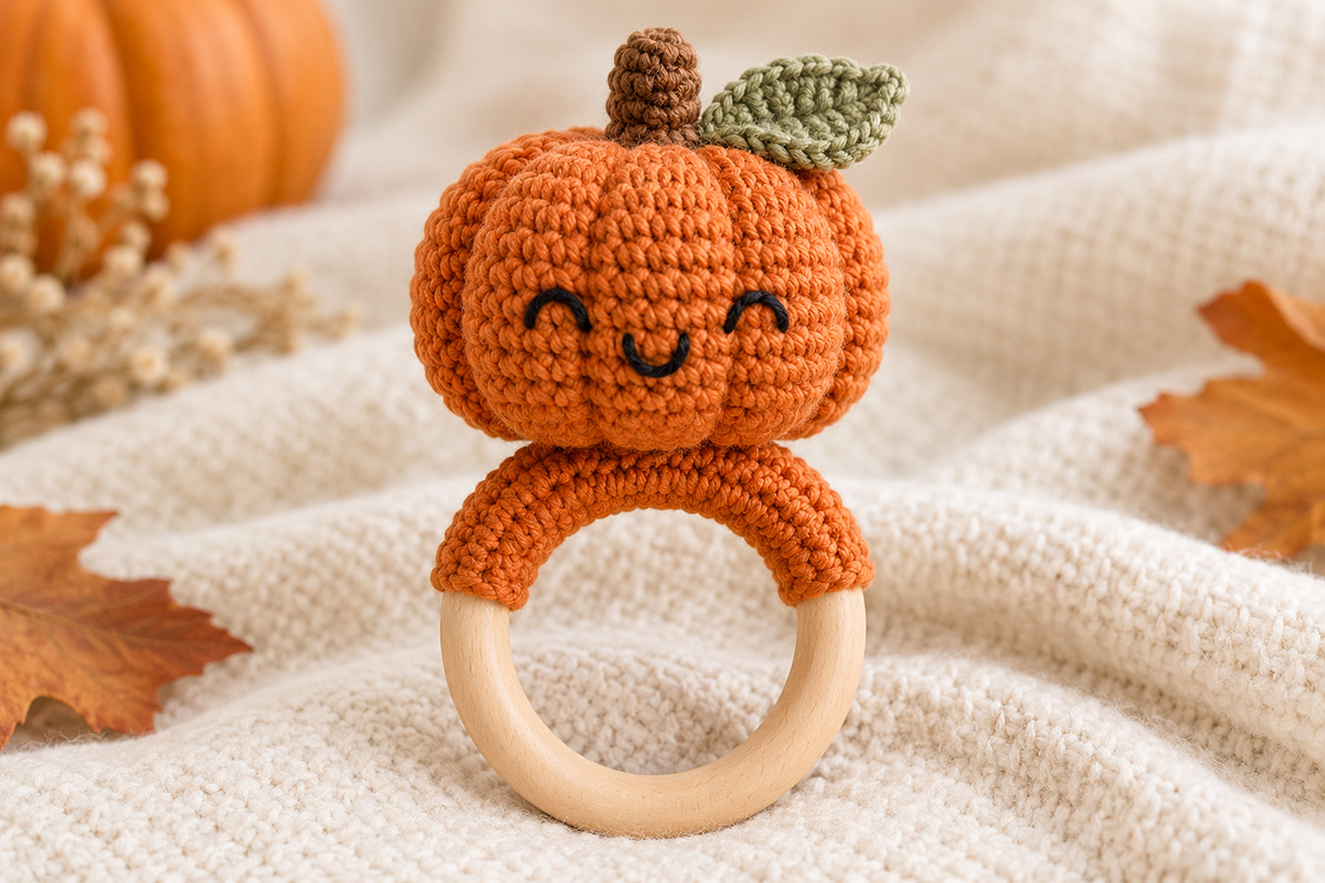 Crochet pumpkin baby rattle with ribbed orange pumpkin head, brown stem, sage leaf, embroidered face and wooden ring handle