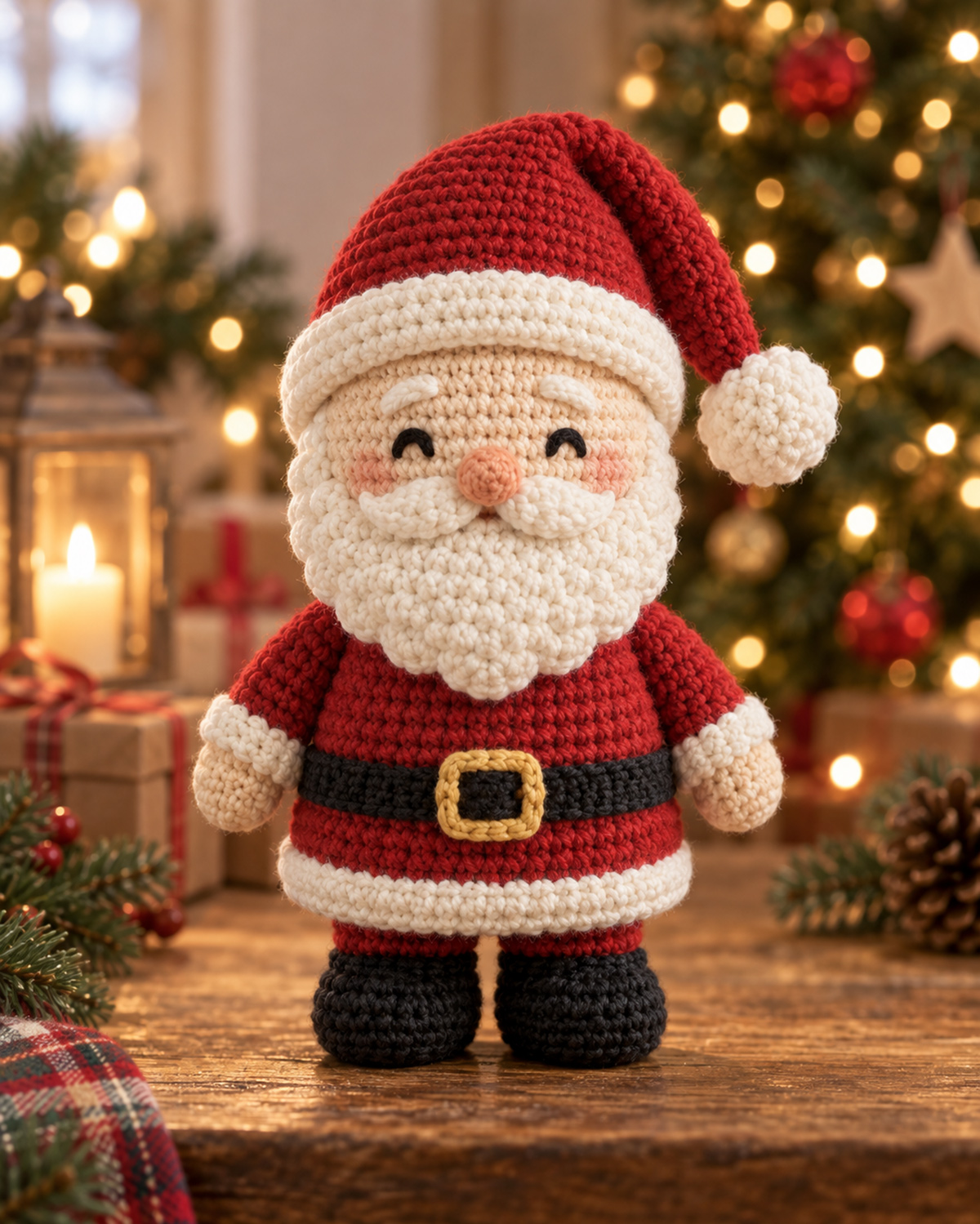 Finished crochet Santa doll with a red hat, white beard, embroidered face, black belt and black boots