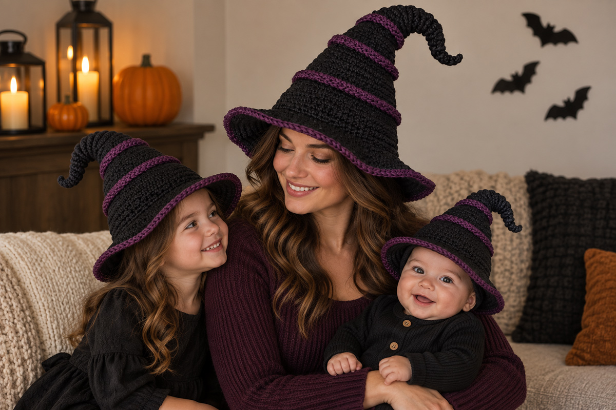 Mother, child and baby wearing matching black crochet witch hats with raised plum bands and curled tips