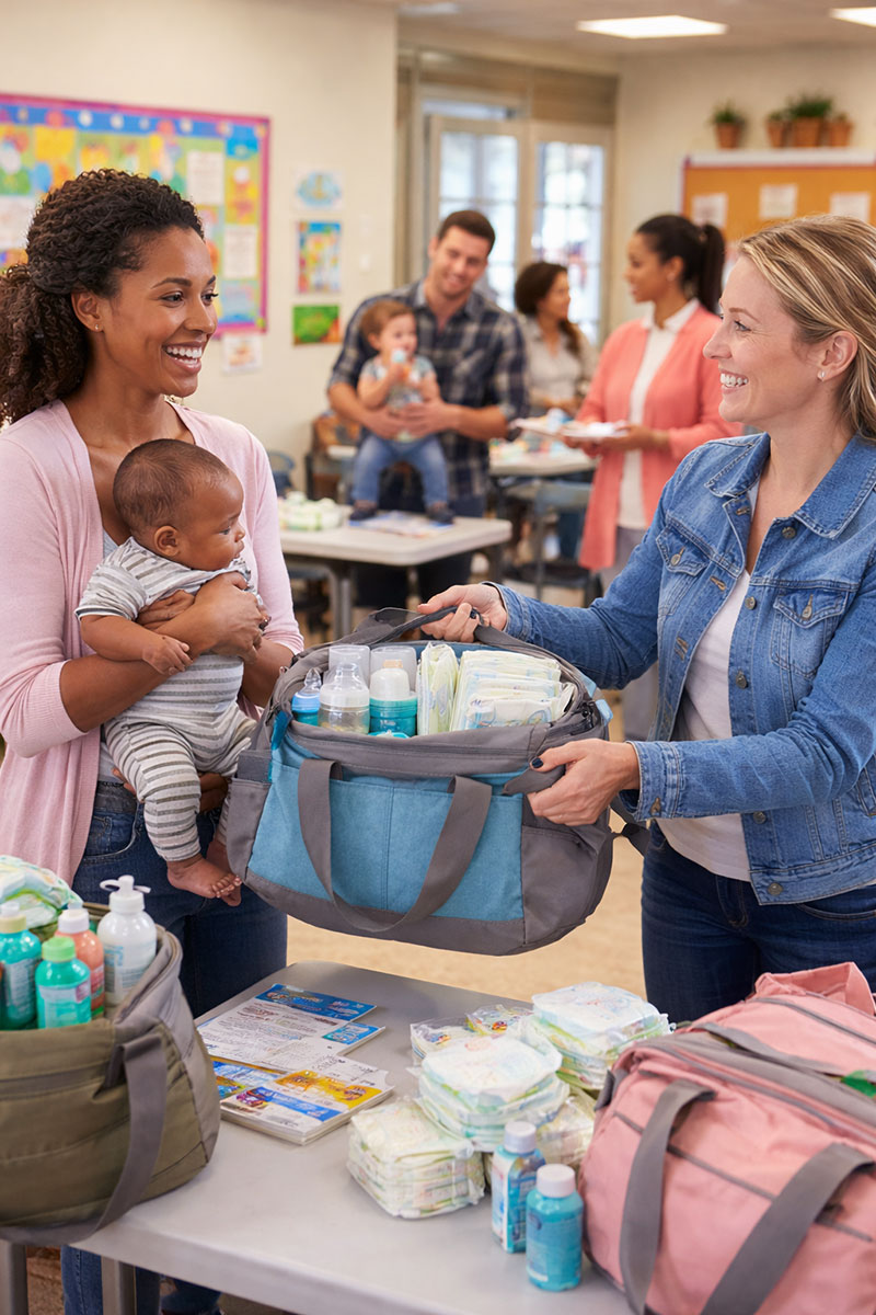 Diaper bags distributed through community family support and parenting programs