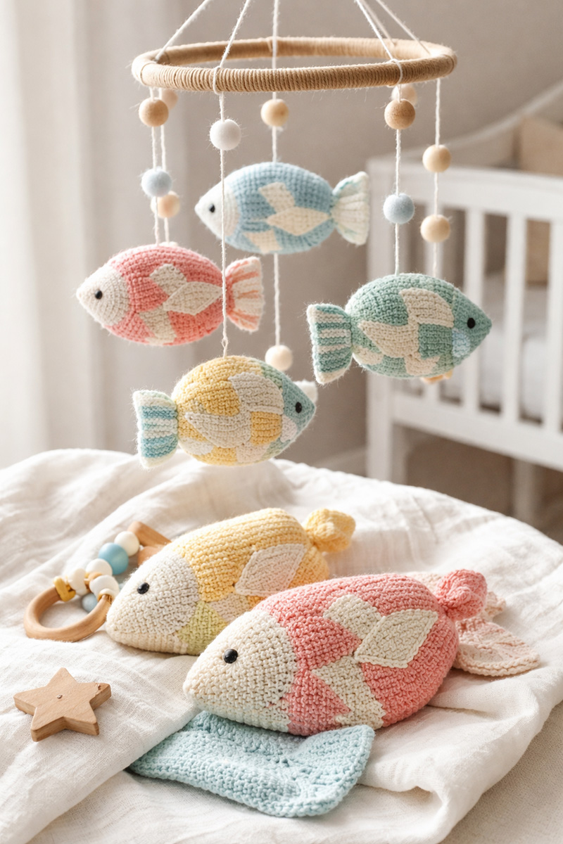 Free fish knitting pattern tile idea for toys, loveys, and DIY crib mobiles