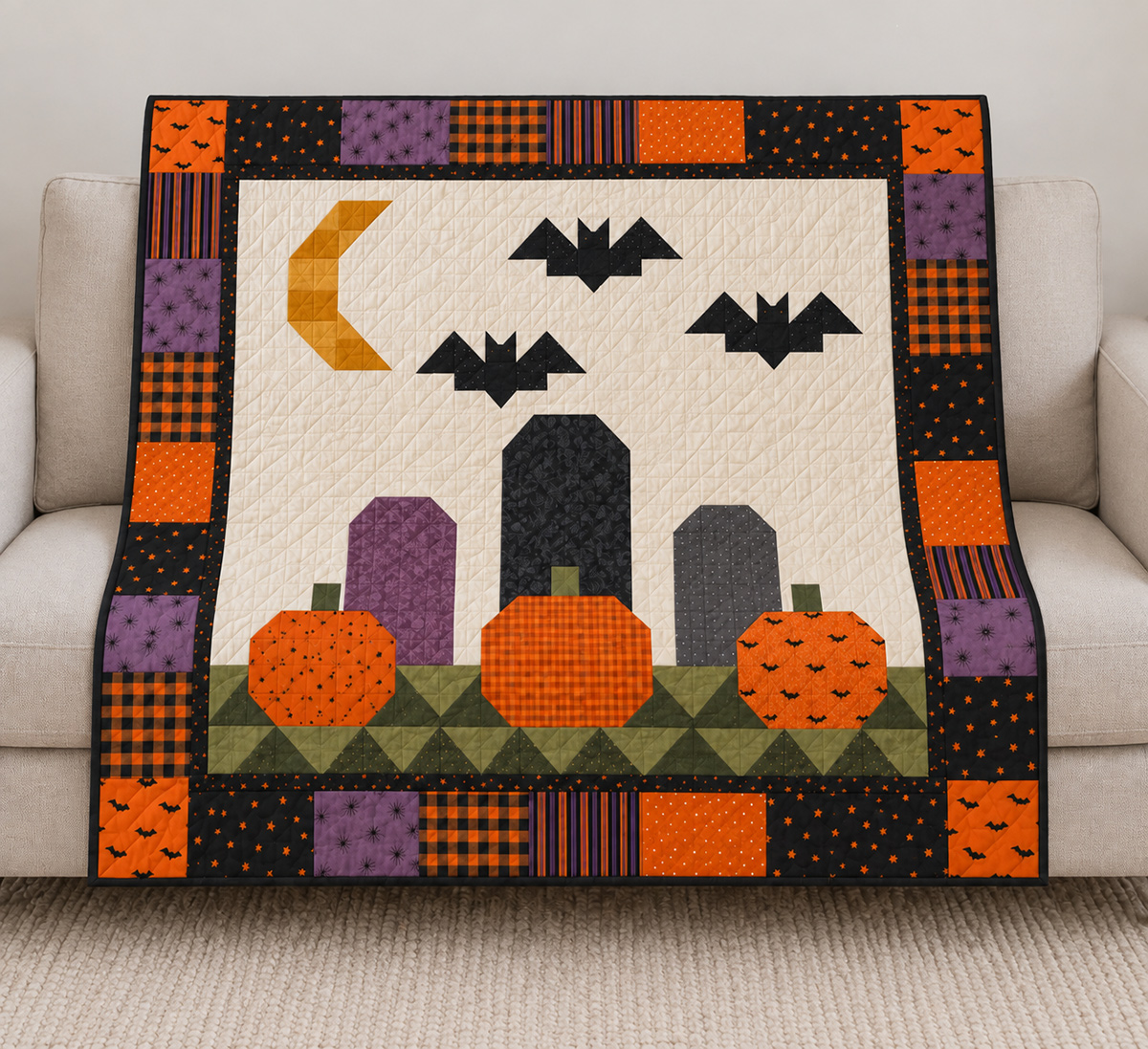 Free Halloween quilt pattern with a large patchwork graveyard medallion featuring a geometric crescent moon, three pieced bats, three tombstones and three pumpkins in orange, plum, black, olive and cream fabrics