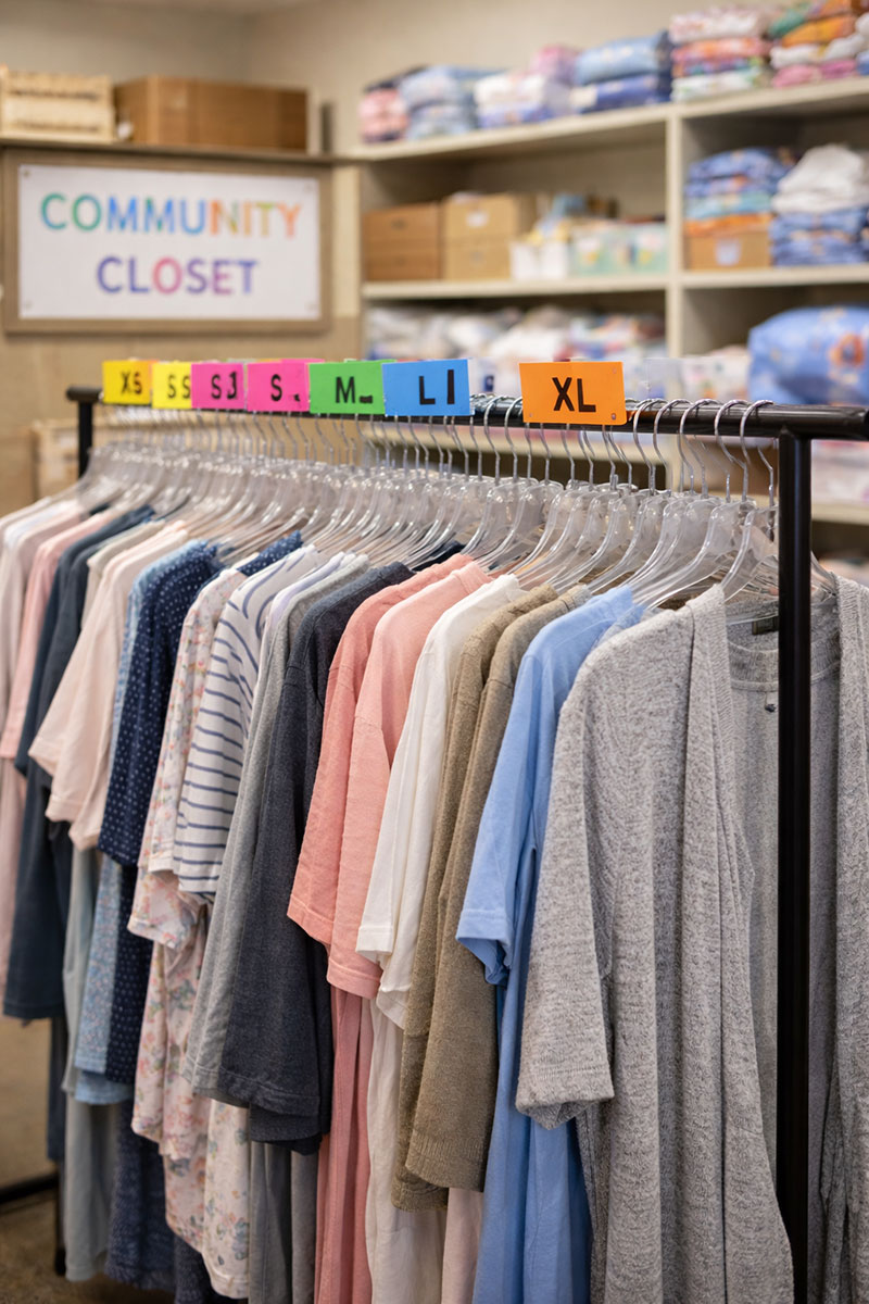 Community closet clothing rack with maternity tops and cardigans arranged by size