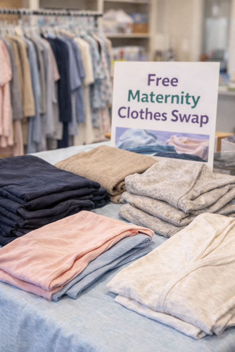 Community swap table with folded maternity basics like leggings, tees, and cardigans