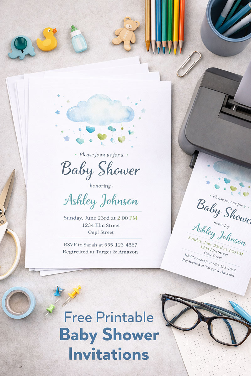 Printable baby shower invitation template on a desk beside cardstock, scissors, and a home printer in a modern work area
