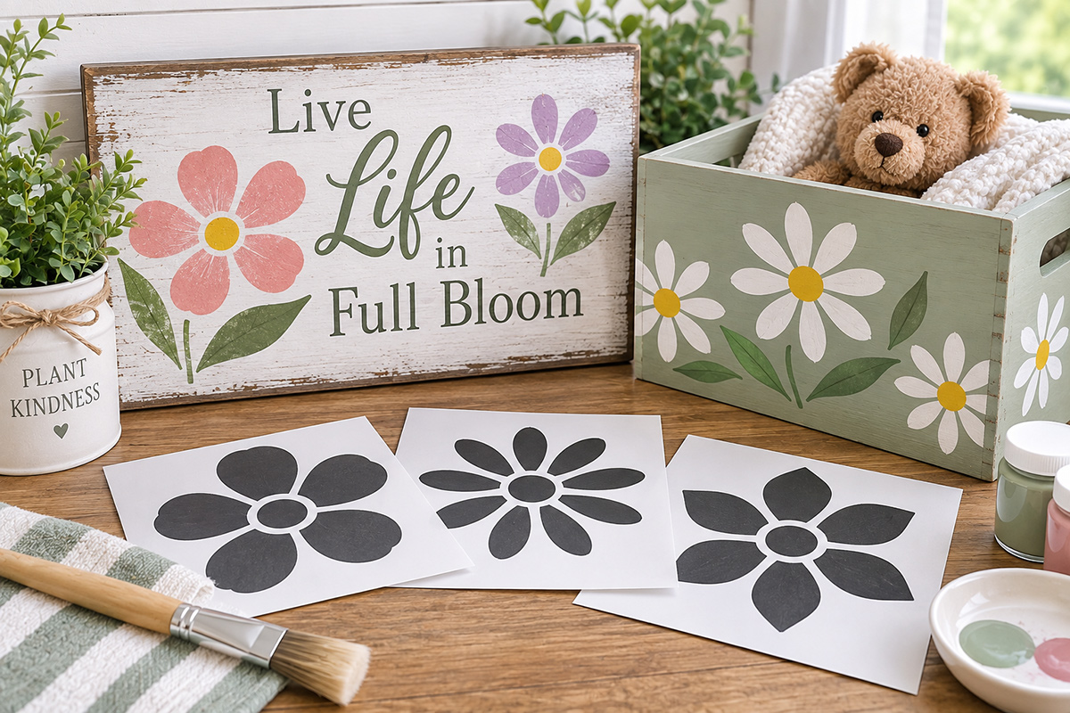 Painted projects made with three free printable flower stencil designs