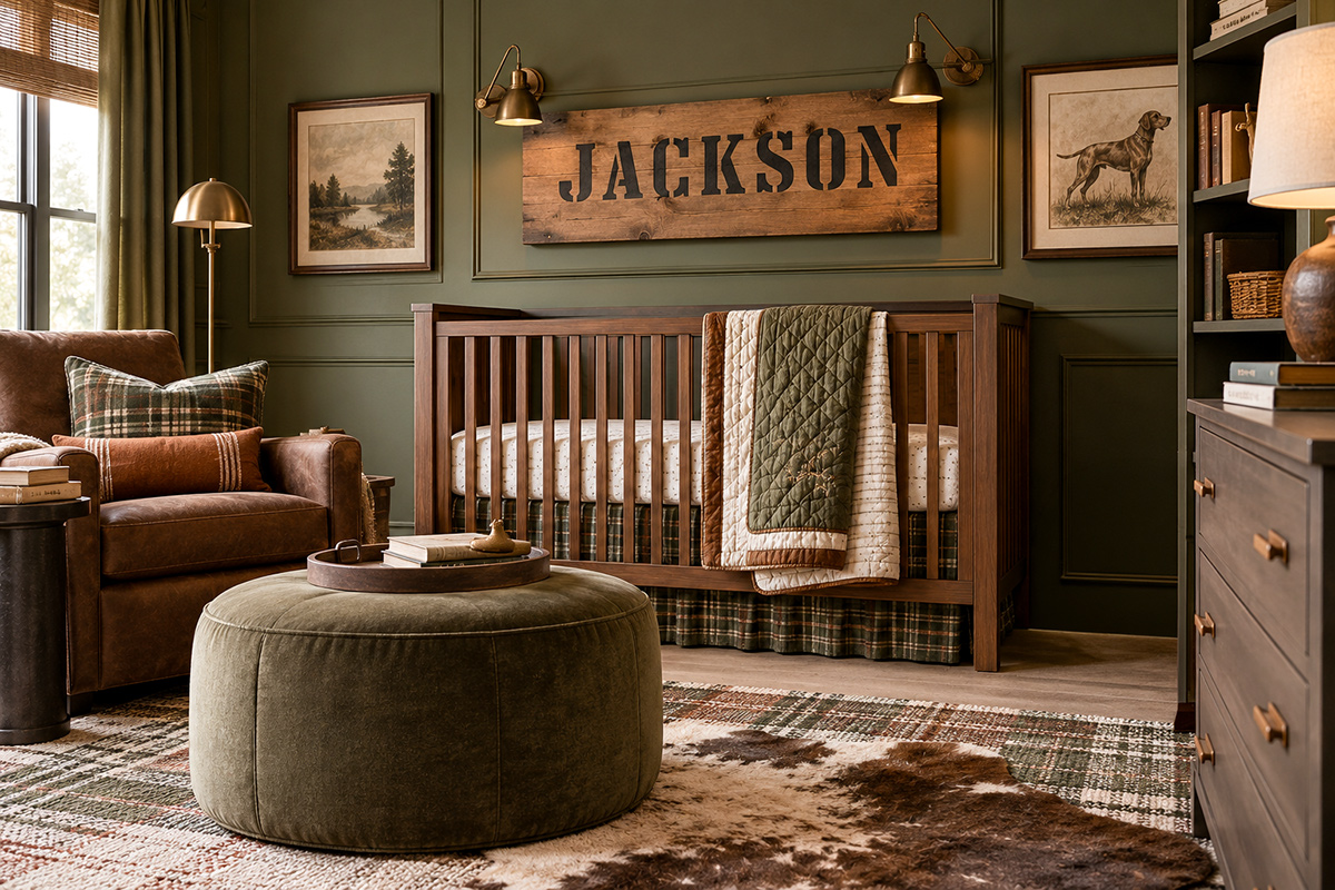 Baby boy nursery with a wooden wall name sign painted in bold stencil-style letters