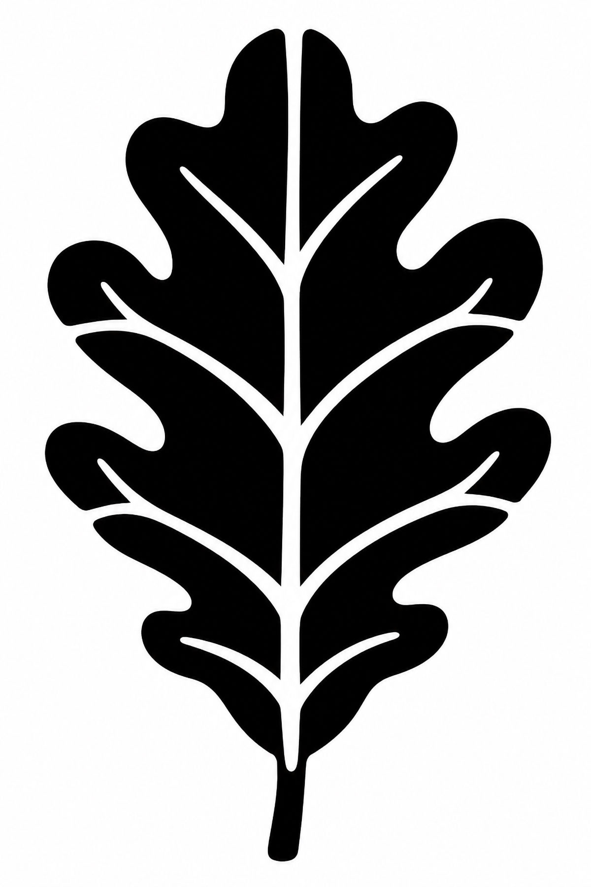 Free printable oak leaf stencil with rounded lobes and connected white vein channels