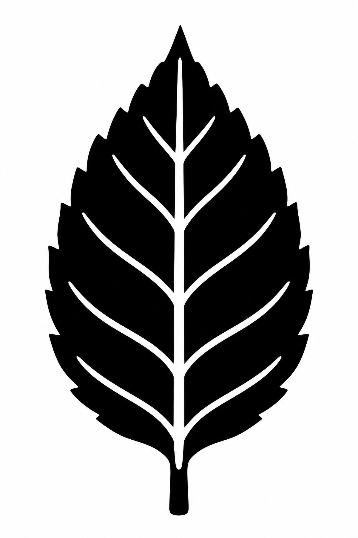 Free printable pointed leaf stencil with serrated edges and connected white vein channels