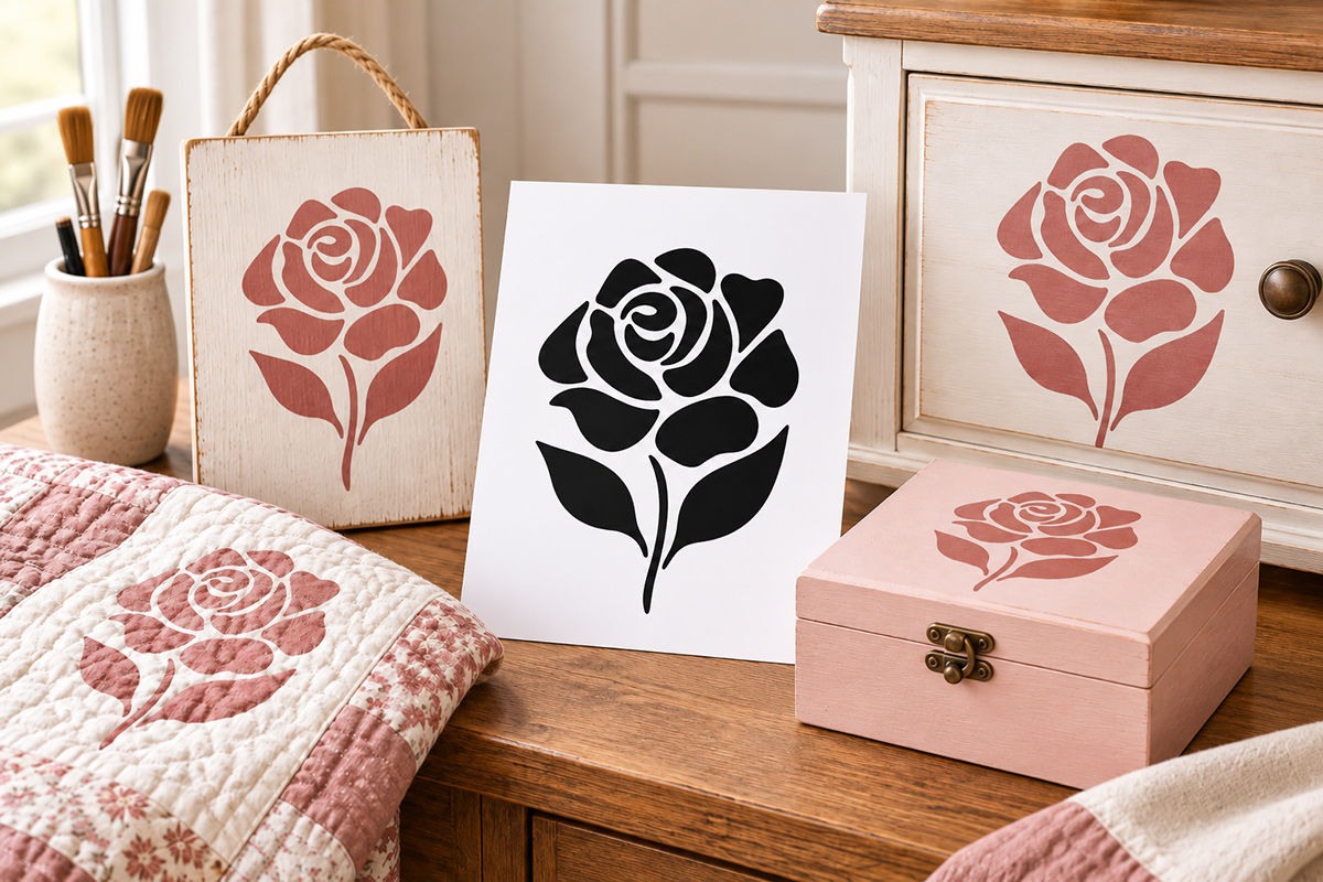 Rose stencil shown on a wood sign, painted furniture, keepsake box and quilted fabric