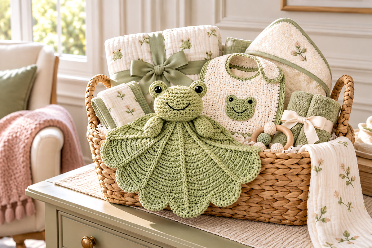 Frog baby gift basket with one frog themed item, folded blanket, bib, burp cloths and useful baby gifts