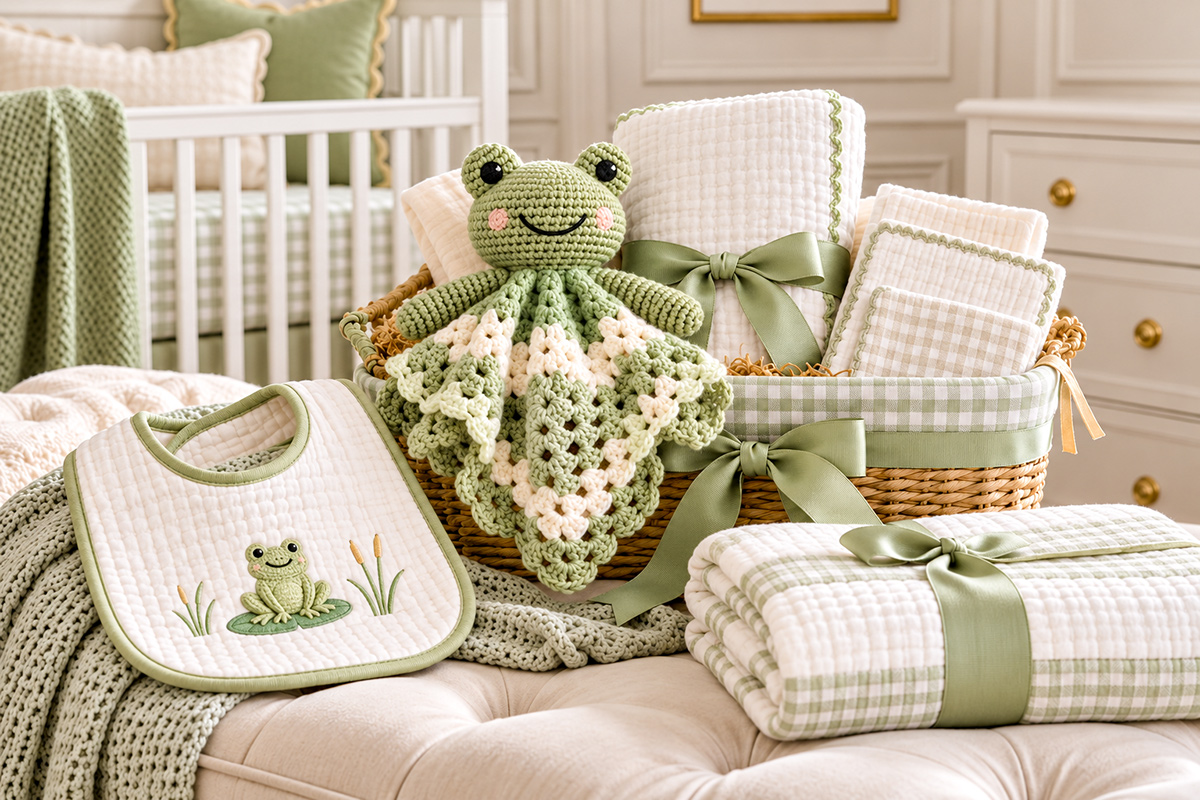 Frog gift ideas for babies with a handmade frog lovey, embroidered baby bib and coordinated frog baby shower gift basket