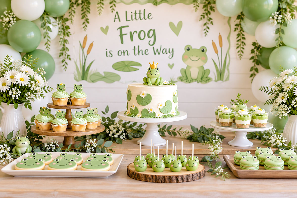 Frog baby shower dessert table with sage green balloons, lily pads, crowned frog cake, frog cookies, cupcakes and green party treats