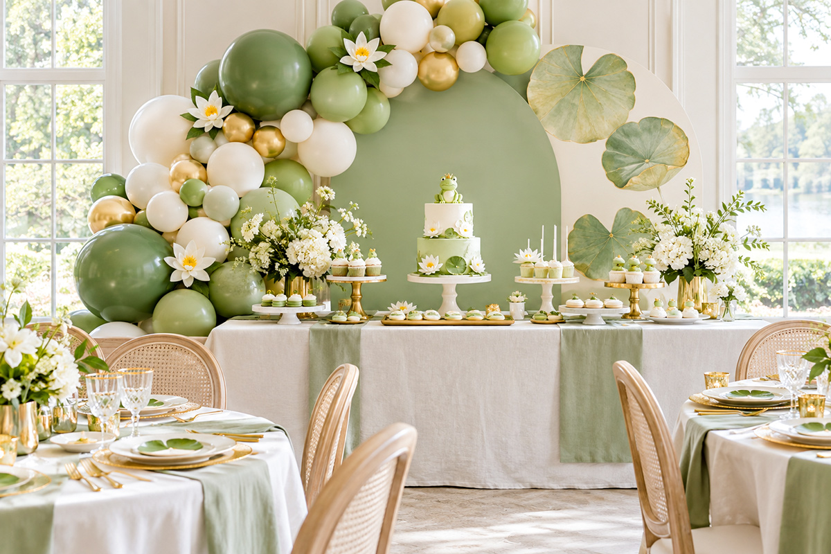Stylish frog baby shower with green and white decorations, lily pad details and an elegant frog themed dessert table