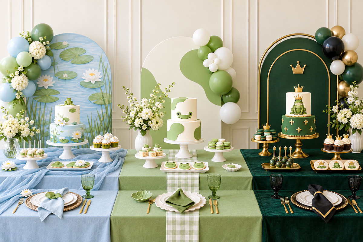 Three stylish frog baby shower theme ideas including pond green, modern green and white, and elegant frog prince decorations