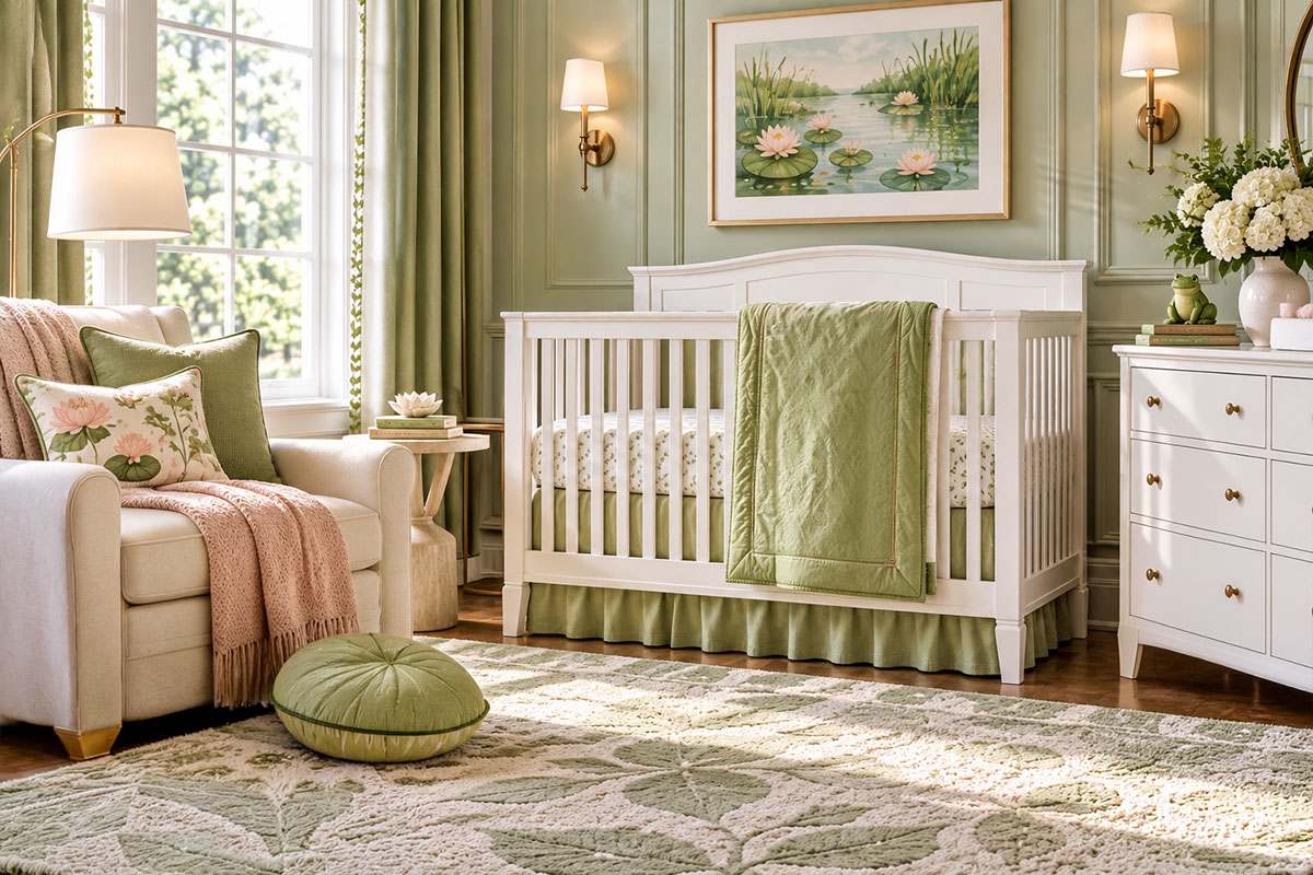 Frog nursery with soft green, warm white and woodland colors used in bedding and wall decor