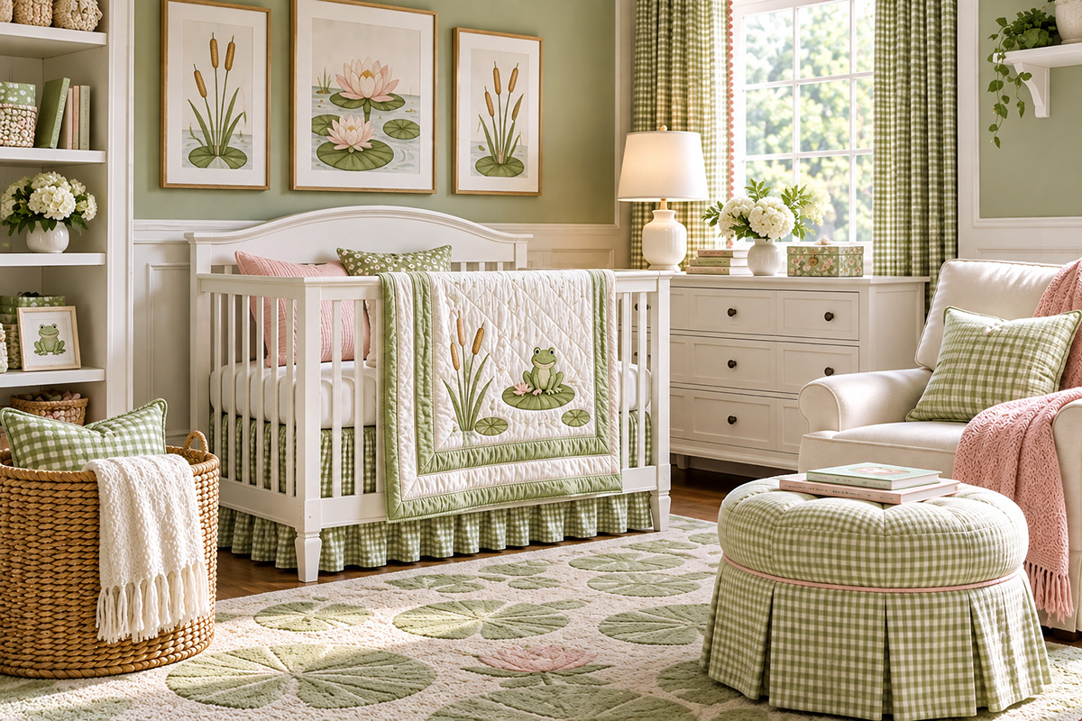Frog nursery ideas with soft green frog decor, crib bedding and coordinated baby room accessories