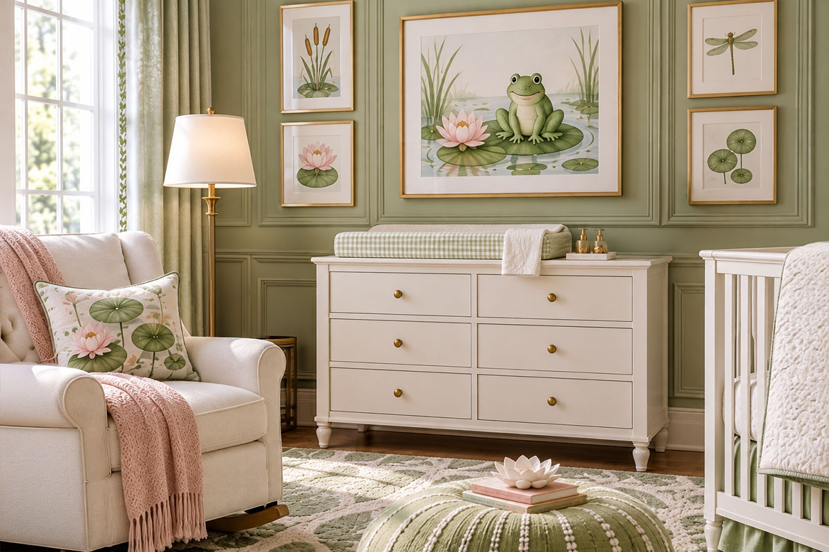 Baby nursery with framed frog wall art and a restrained frog themed decorating scheme