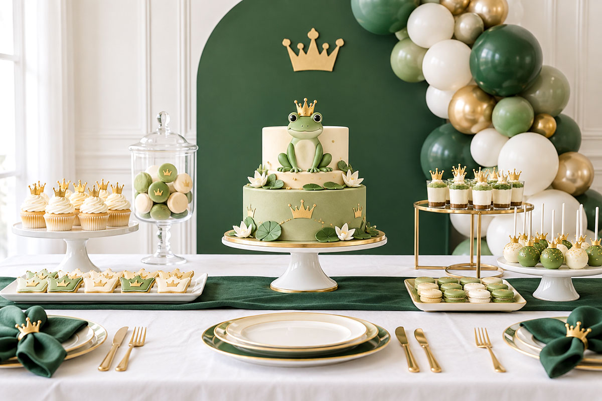Sophisticated frog prince baby shower in deep green, ivory and restrained gold with crowned frog cake and elegant table decorations