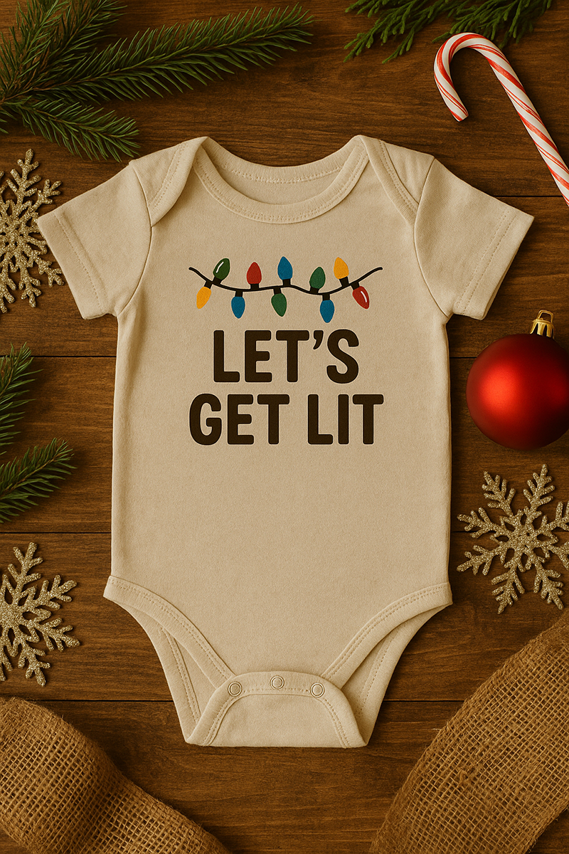 holiday funny baby onesie with cute saying styled in warm winter nursery tones