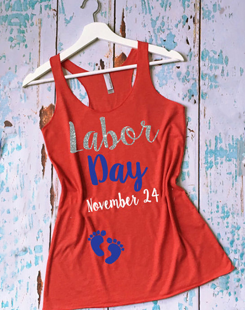 Funny Labor Day maternity shirt pregnancy humor racer back tank top