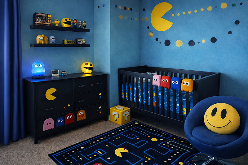 Pac-Man gaming nursery design with blue walls, black crib, and retro arcade decor