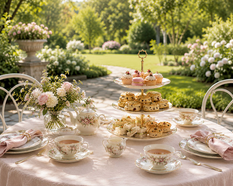 Garden inspired indoor high tea baby shower table setting