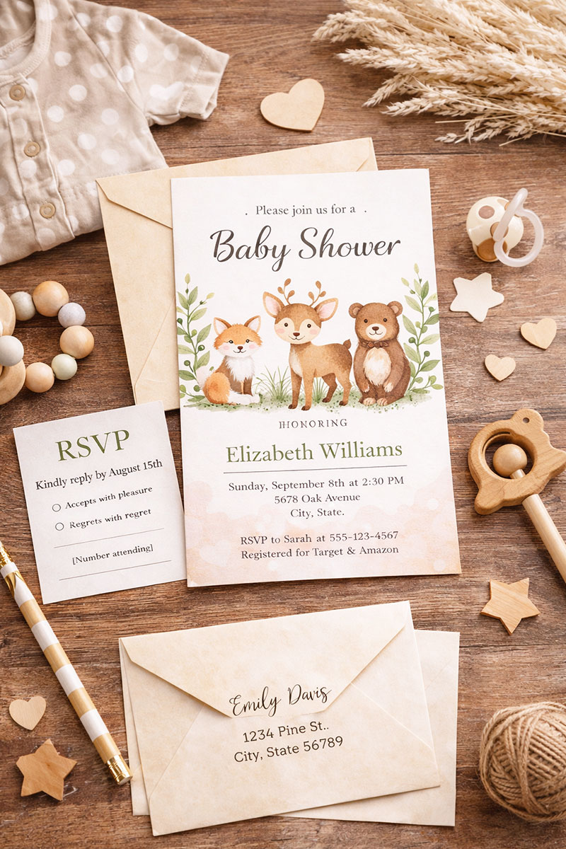 Gender neutral baby shower invitations displayed on a wood table with beige envelopes and simple animal motif cards