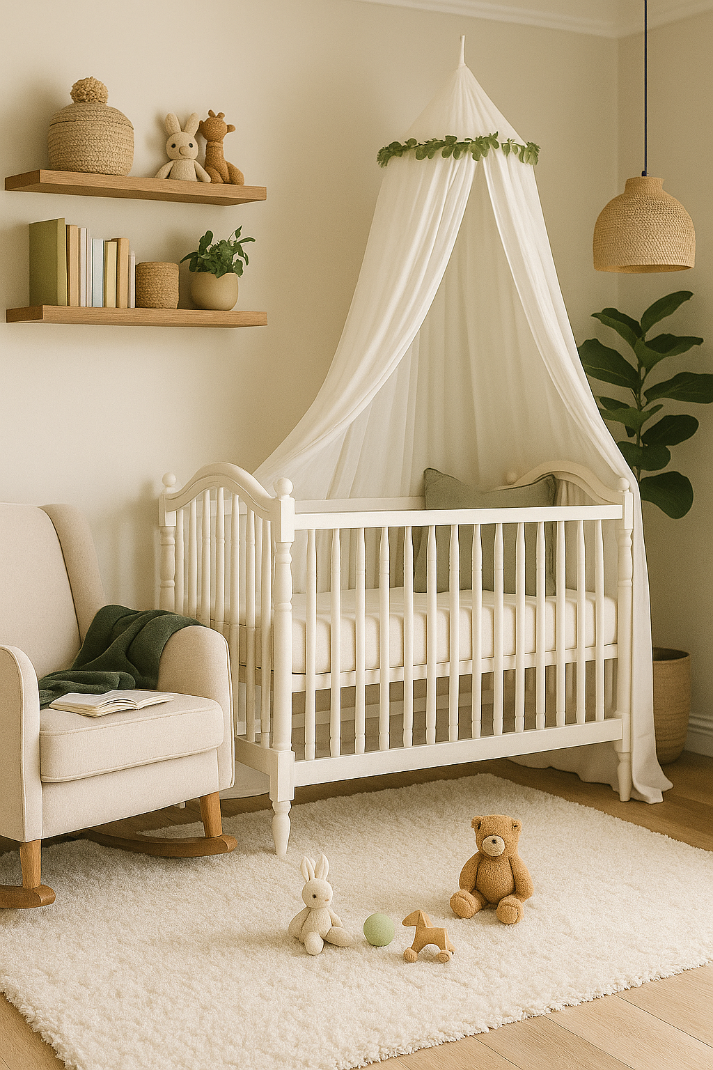 Wood floating shelves displaying neutral baby decor and greenery in a gender neutral nursery