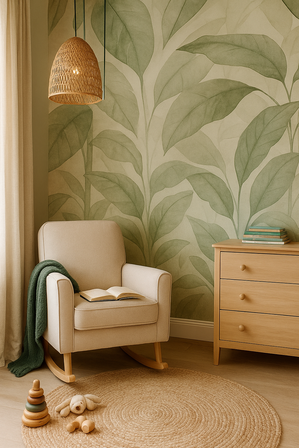 Gender neutral nursery reading nook with cozy chair and rattan pendant light