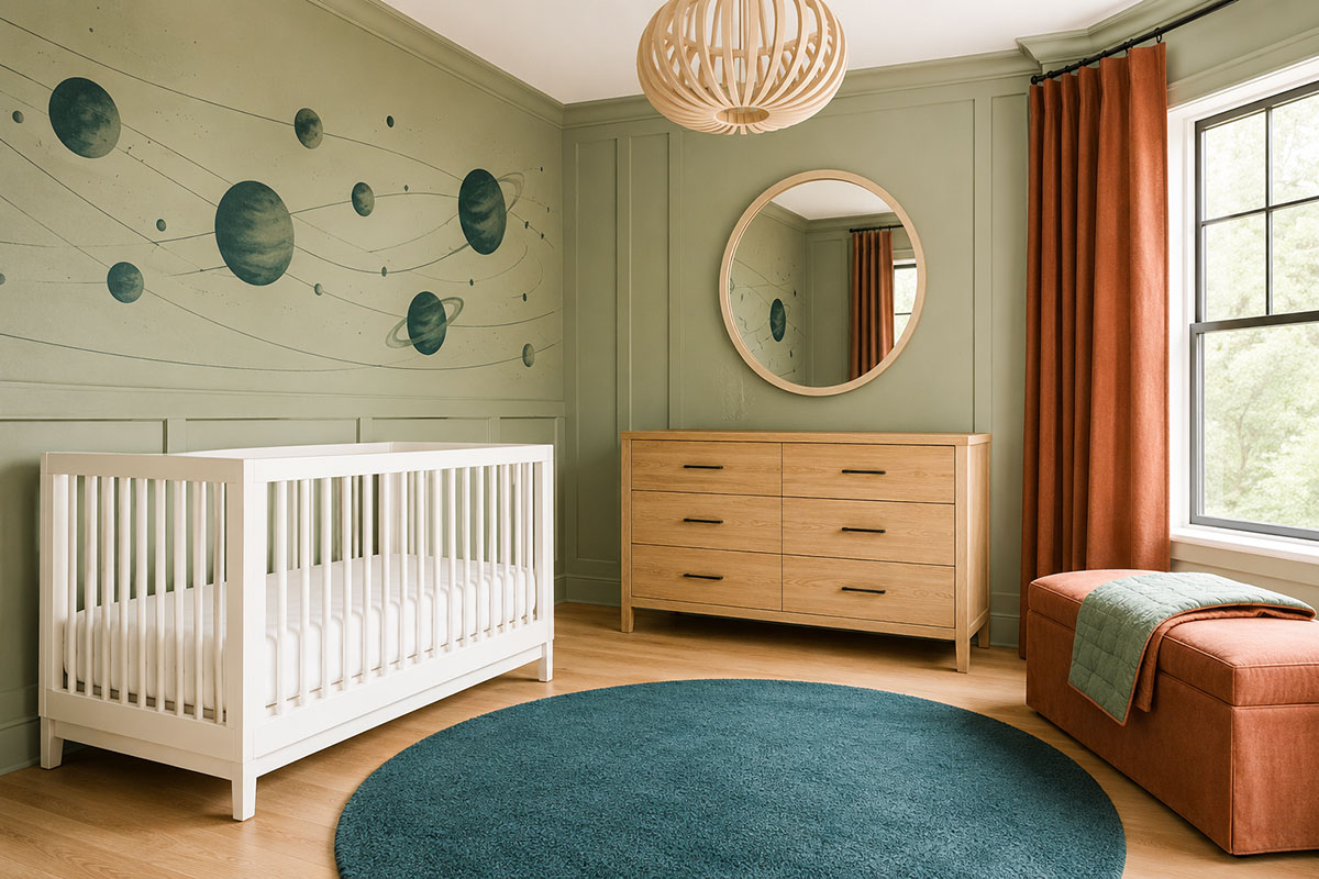 Gender neutral space nursery with sage walls, teal planets, clay accents, natural wood furniture and a white crib