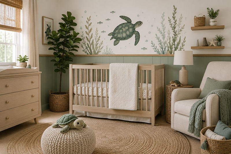 Gender neutral turtle nursery with pond inspired wall decor and warm wood nursery furniture